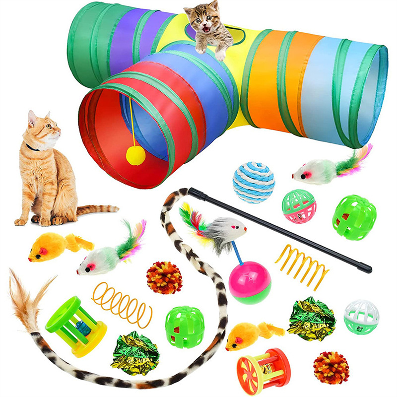 China Wholesale Cat Tunnel 20 PCS Cat Kitten Toys Set with fur mouse,sisal ball,feather wand