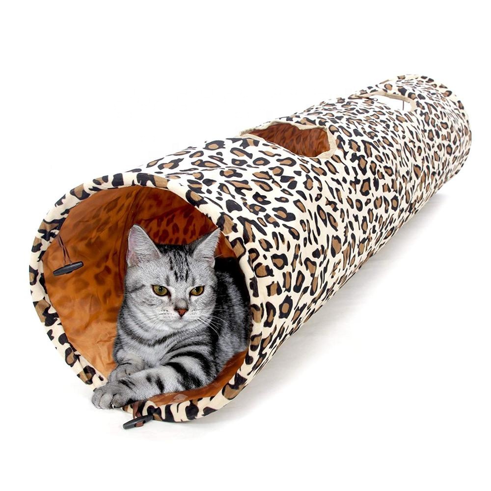 Cat Tunnel Toy for indoor kitty long collapsible with 2 holes Leopard print Teddy Dog, Small Animal