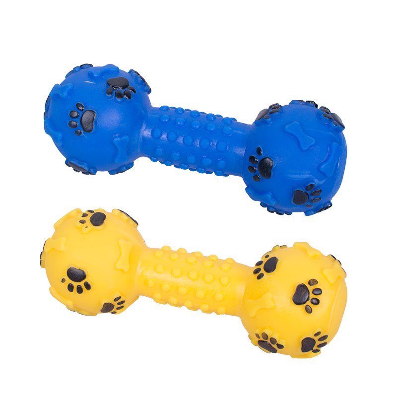 Manufacturer wholesale yellow blue dumbbell chew squeaky pet dog toys vinyl